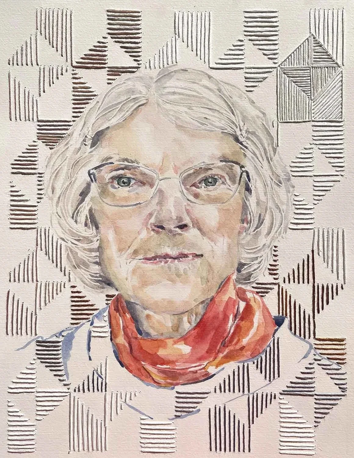 MEASURED RESPONSE ・Watercolor & stitching on paper, 12x9in., 2024