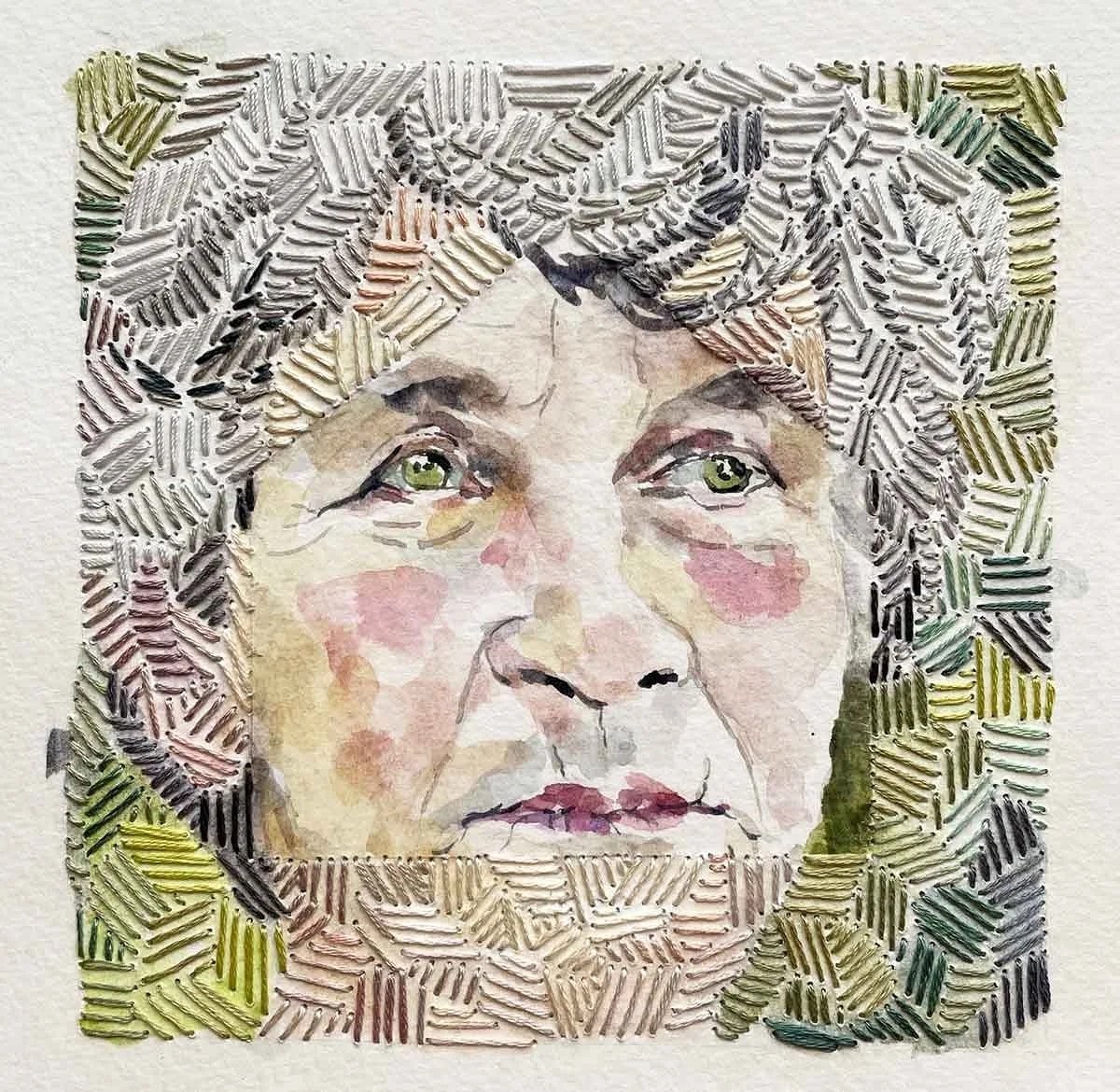 MIND PALACE ・Watercolor & stitching on paper, 5x5in., 2023