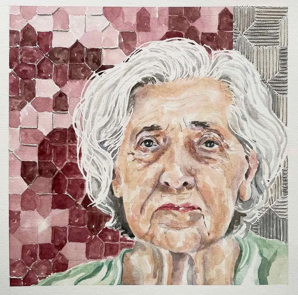 STRANDS OF WISDOM (I'VE SEEN A LOT, NOT ALL OF IT GOOD) ・Watercolor & stitching on paper, 8.5x8.5in., 2025
