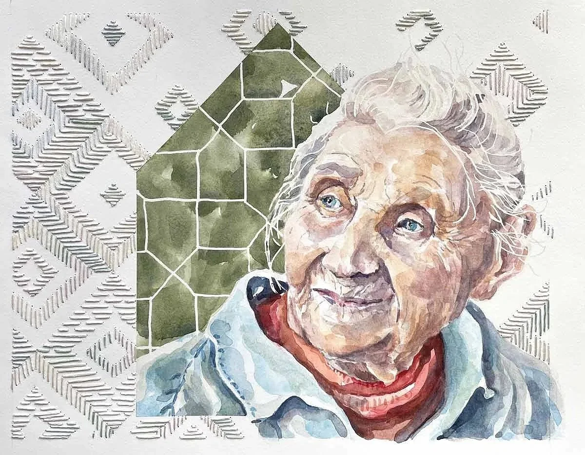 THE STORYTELLER ・Watercolor & stitching on paper, 9.5x12in., 2023