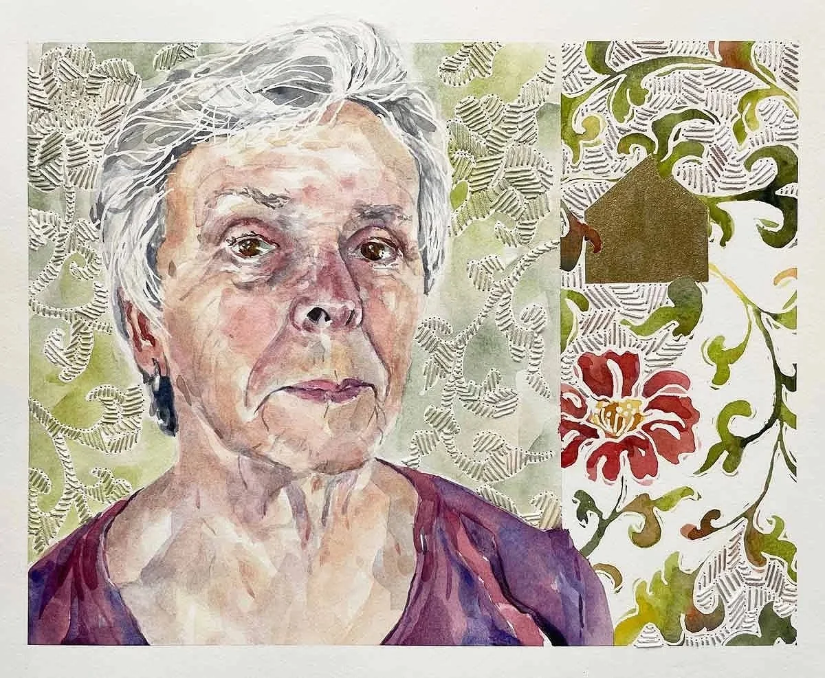 THE GARDENER ・Watercolor & stitching on paper, 9x11in., 2023