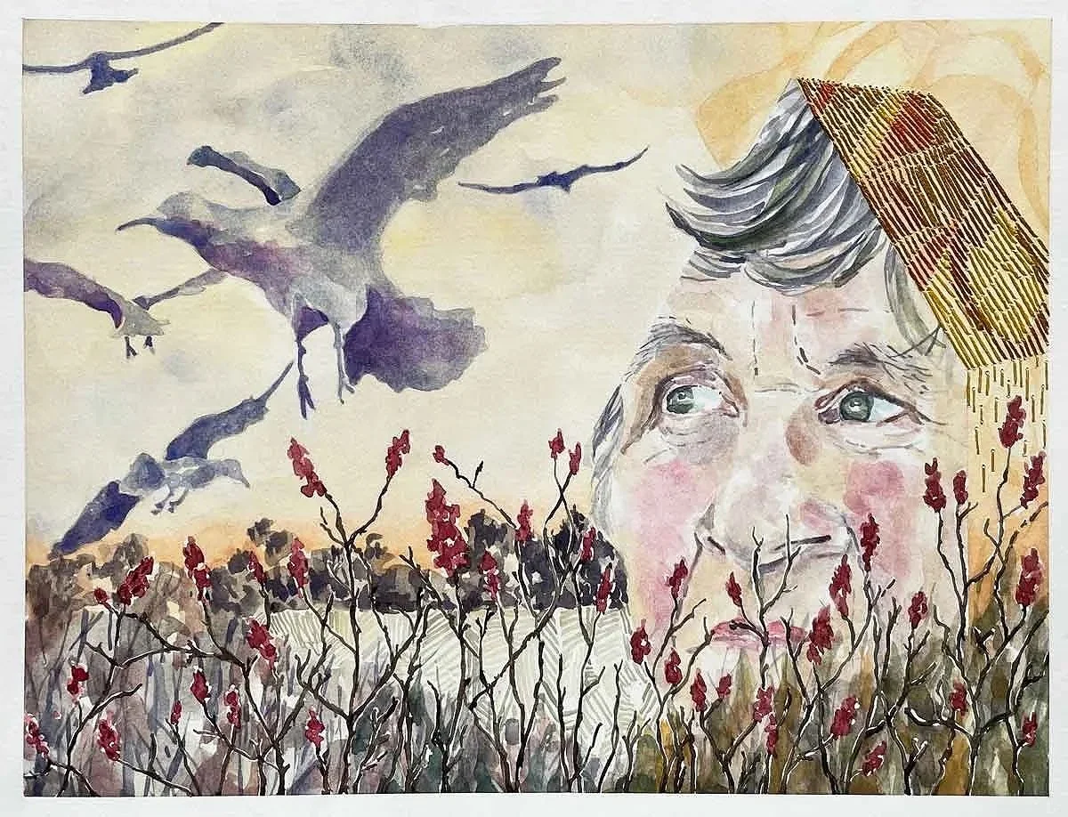 TIME ON THE WING ・Watercolor & stitching on paper, 9x12in., 2024