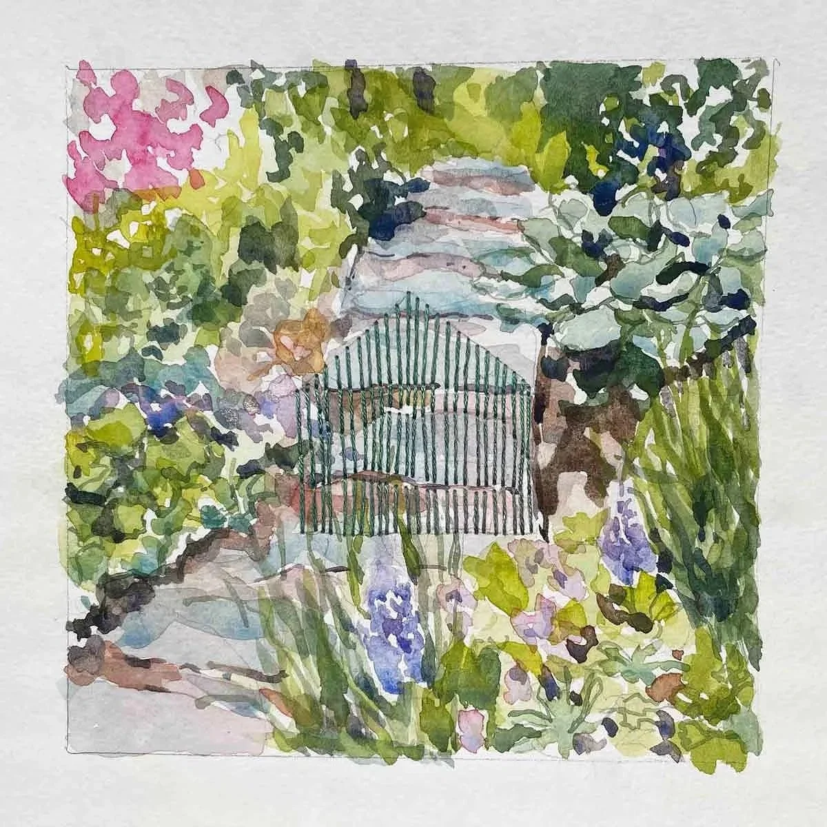 GARDEN PATH ・Watercolor & stitching on paper, 5x5in., 2021