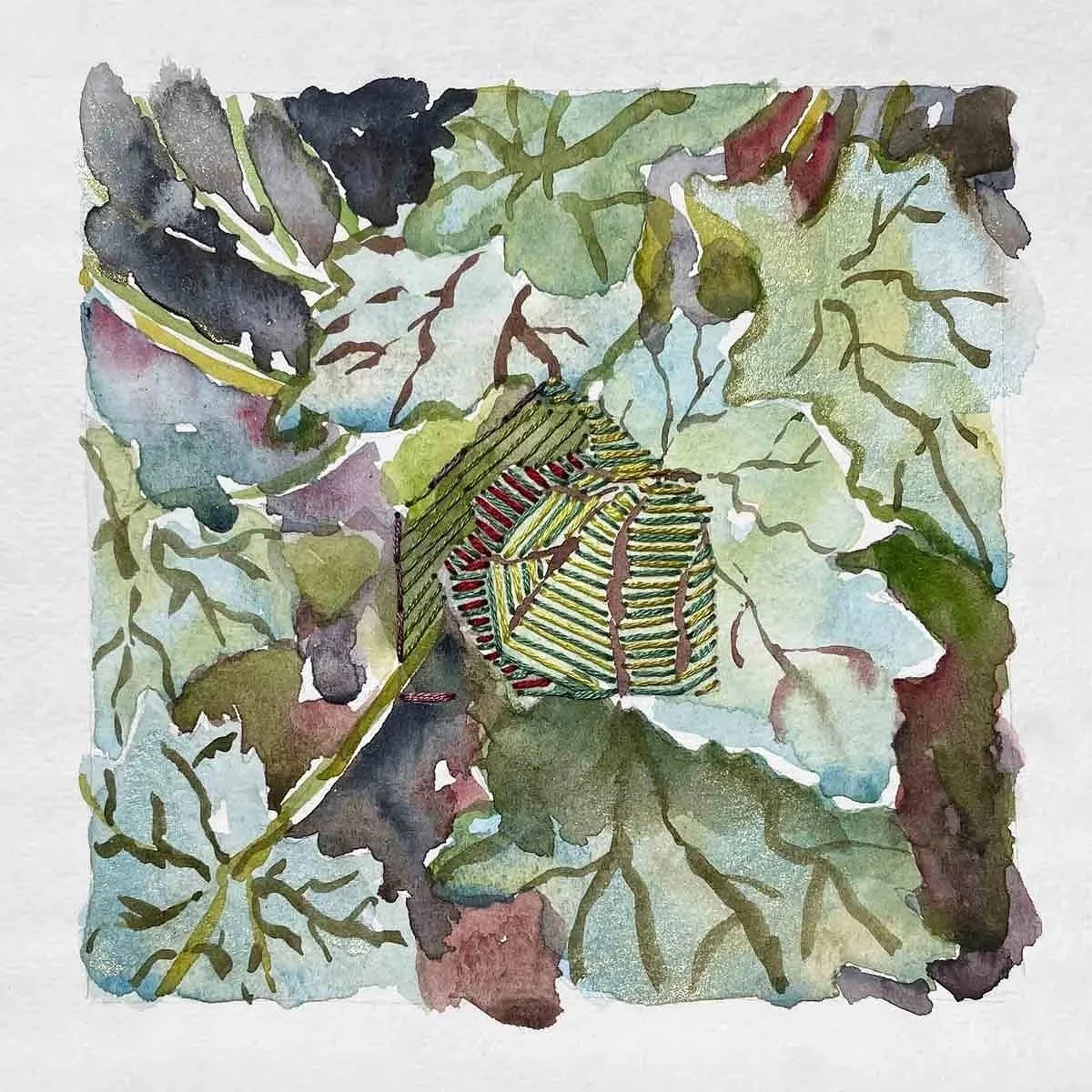 HEUCHERA ・Watercolor & stitching on paper, 5x5in., 2021
