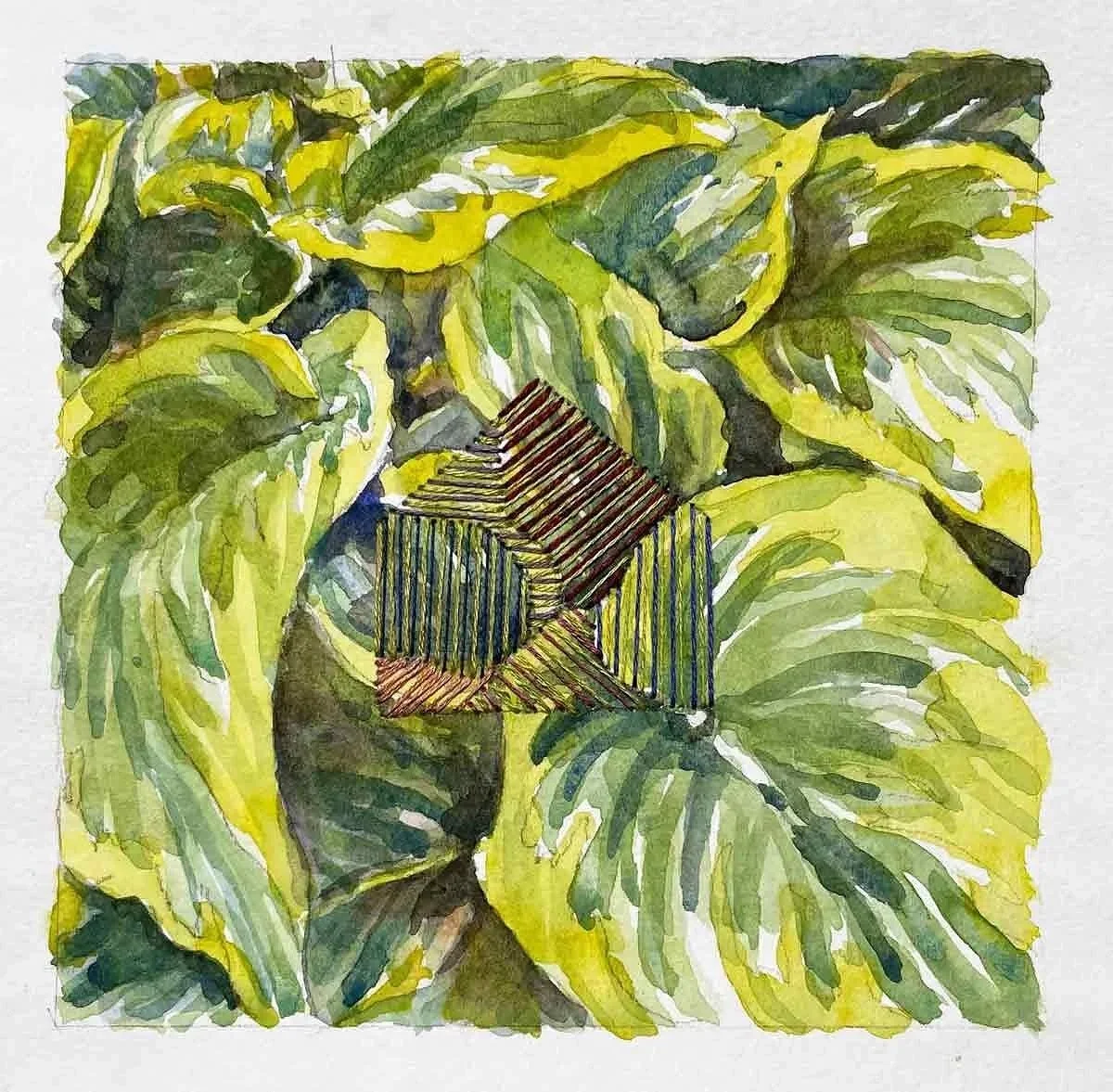 HOSTAS ・Watercolor & stitching on paper, 5x5in., 2021