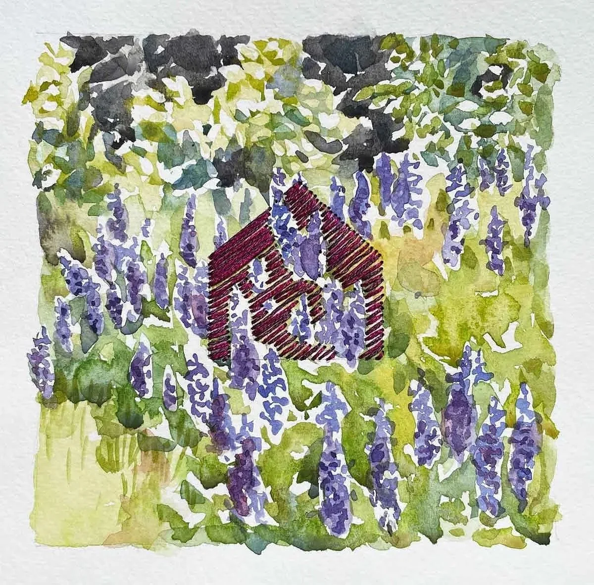 MISS RUMPHIUS' DREAM ・Watercolor & stitching on paper, 5x5in., 2022