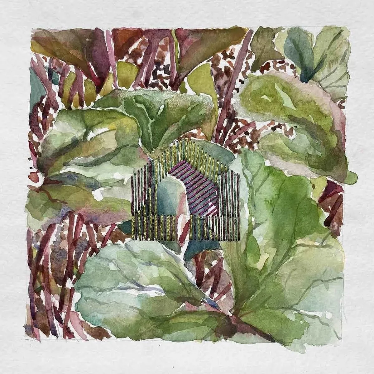 RED STEMS ・Watercolor & stitching on paper, 5x5in., 2021