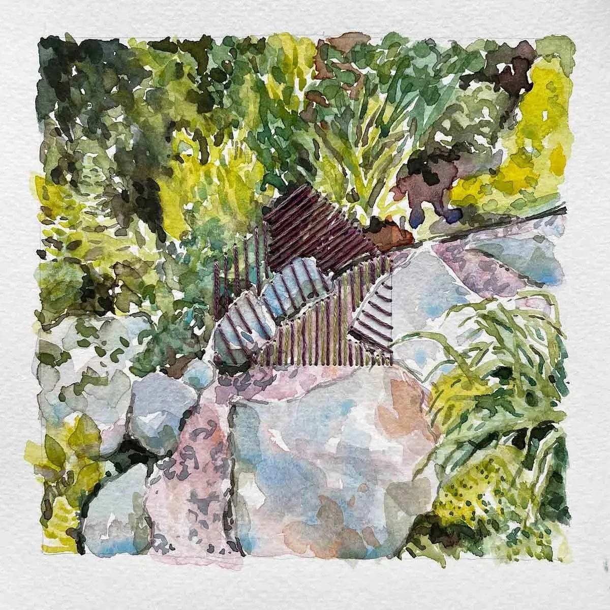 ROUNDING THE BEND ・Watercolor & stitching on paper, 5x5in. 2021