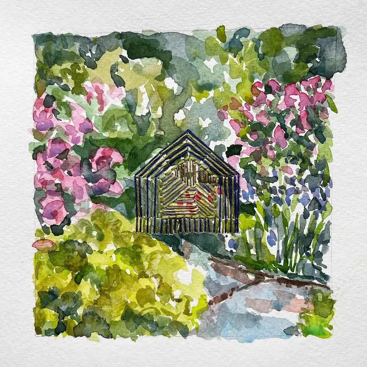 SANCTUARY ・Watercolor & stitching on paper, 5x5in., 2021