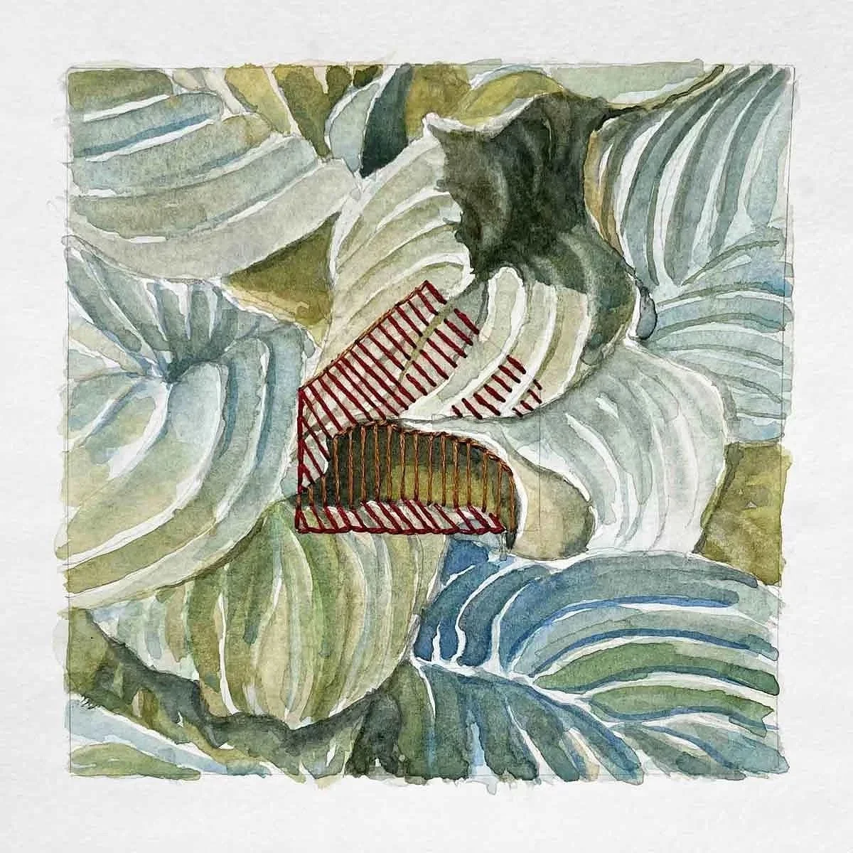 SEA OF LEAVES ・Watercolor & stitching on paper, 5x5in., 2021
