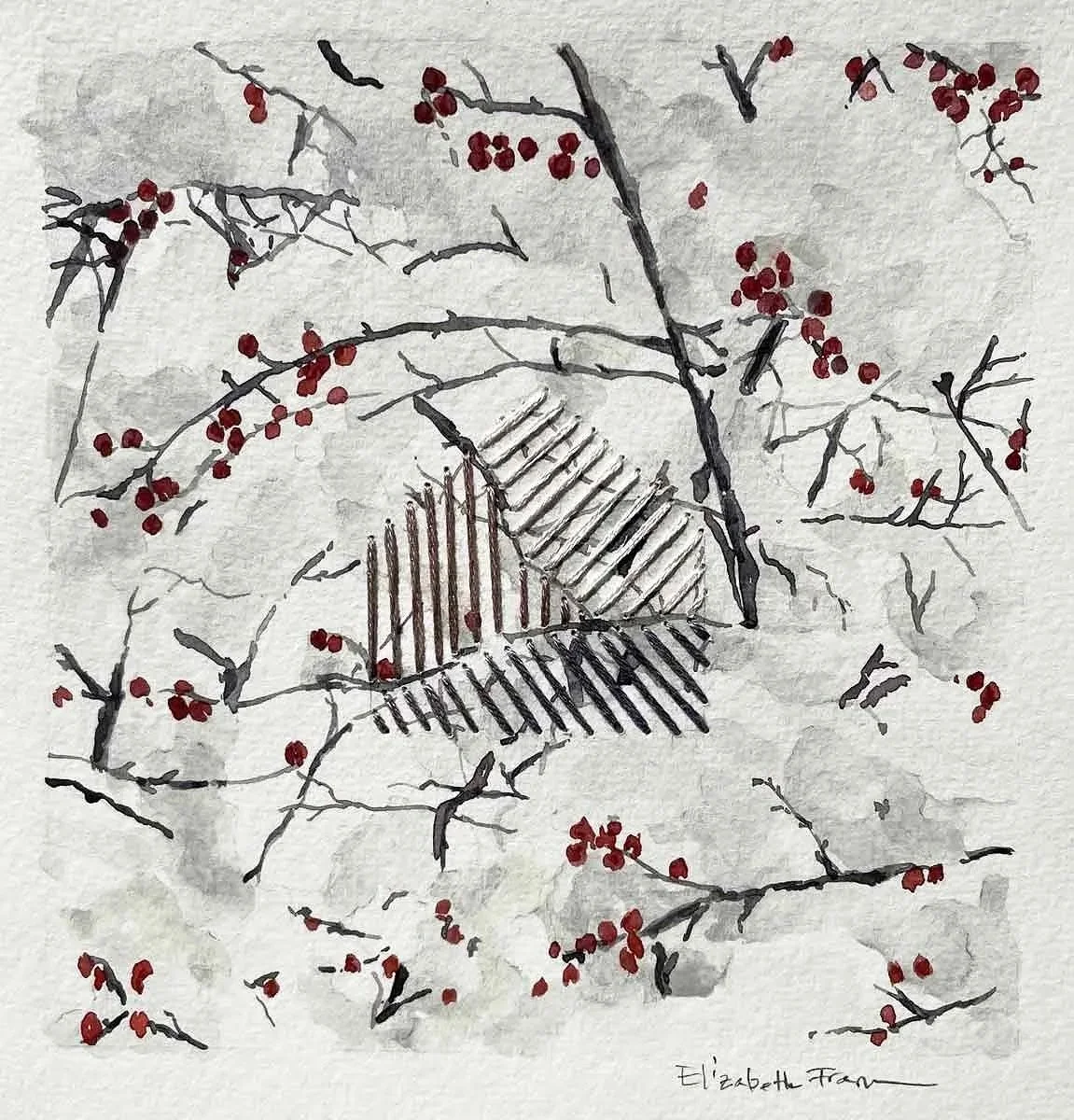 SNOW BERRIES ・Watercolor & stitching on paper, 5x5in., 2023