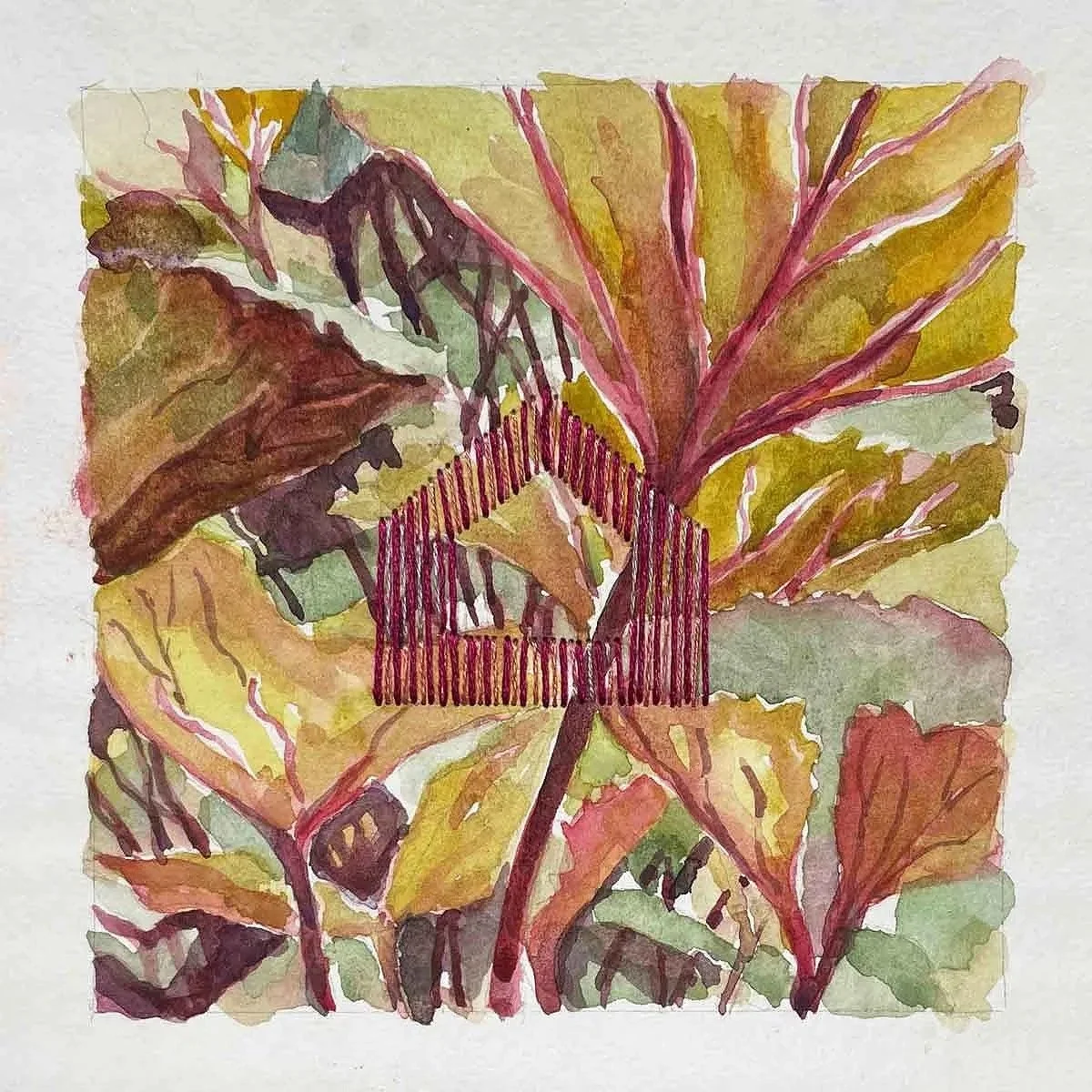 UNDER THE LIGULARIA ・Watercolor & stitching on paper, 5x5in., 2021