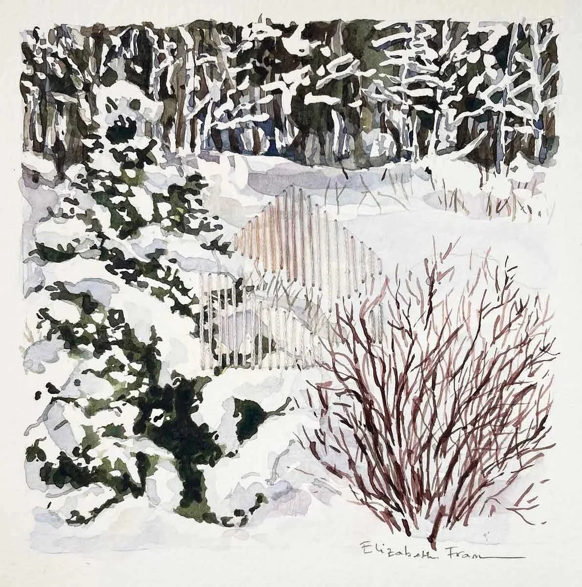 WINTER'S HUSH ・Watercolor & stitching on paper, 5x5in., 2023
