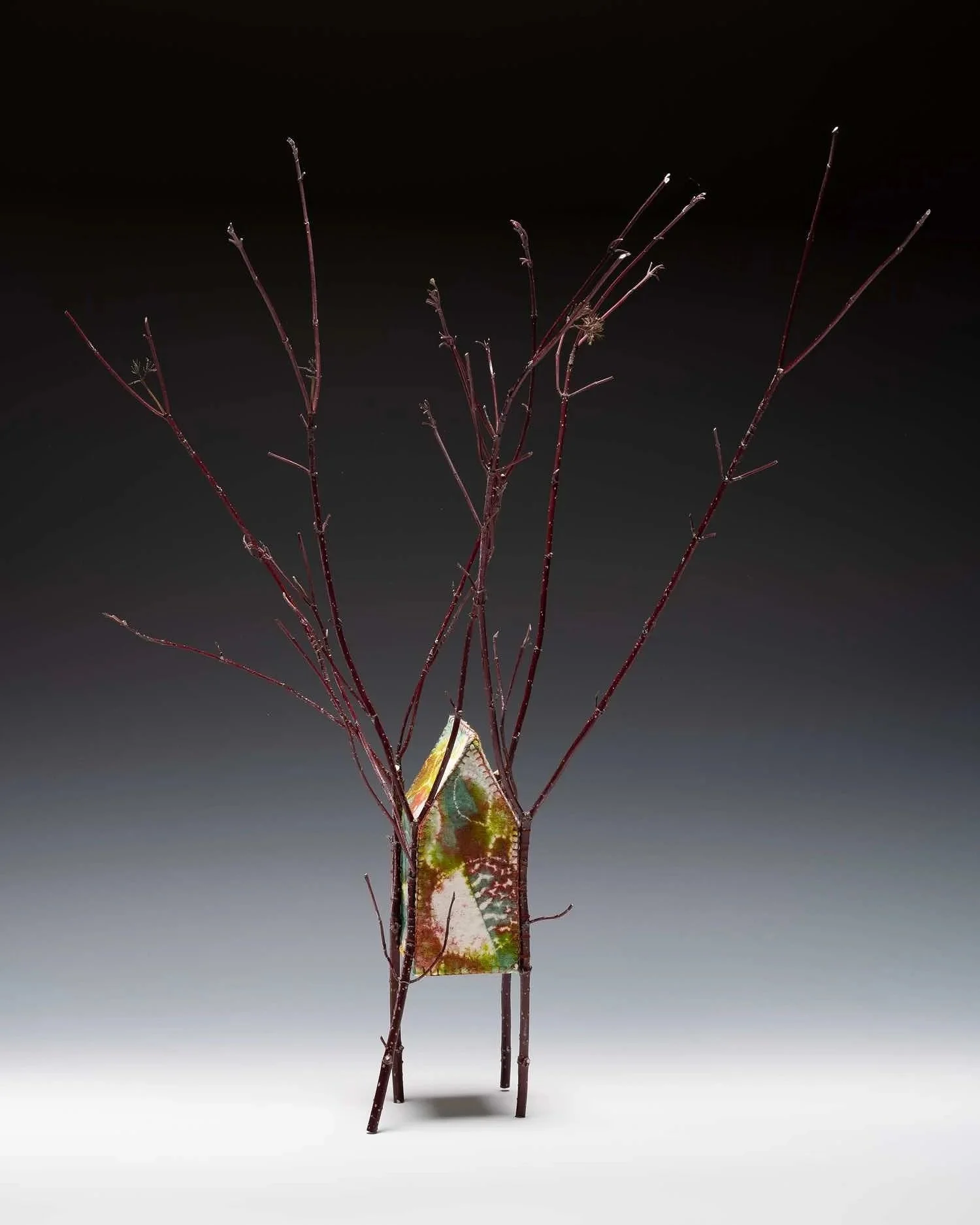 APRIL'S RUSE ・Stitched-resist dye on silk with foraged branches, 24.5x21x15.5in., 2021