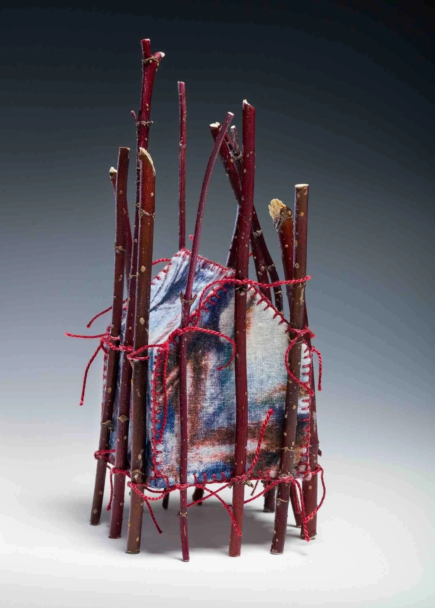 CAGED ・Wrapped-resist dye on silk with foraged branches, 8x3x4.5in., 2020