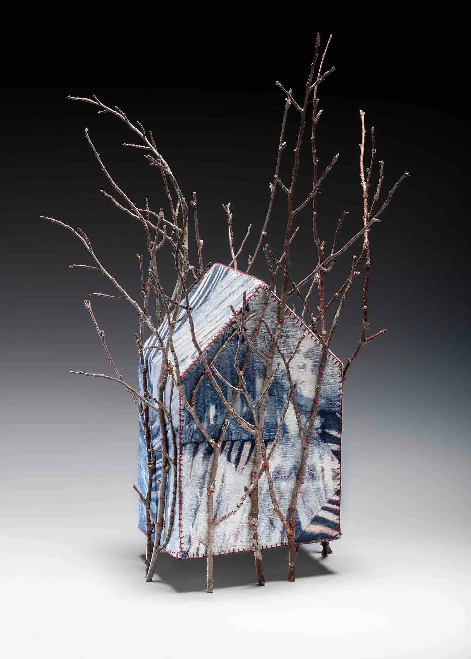 COCOONED ・Wrapped-resist dye on silk with foraged branches, 20x11x14in., 2020