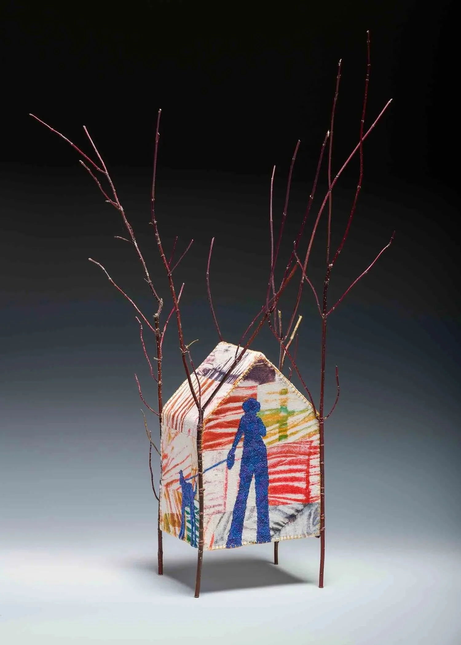 CULTIVATING AN OASIS ・Wrapped-resist dye & embroidery on silk with foraged branches, 27x15x16in., 2020