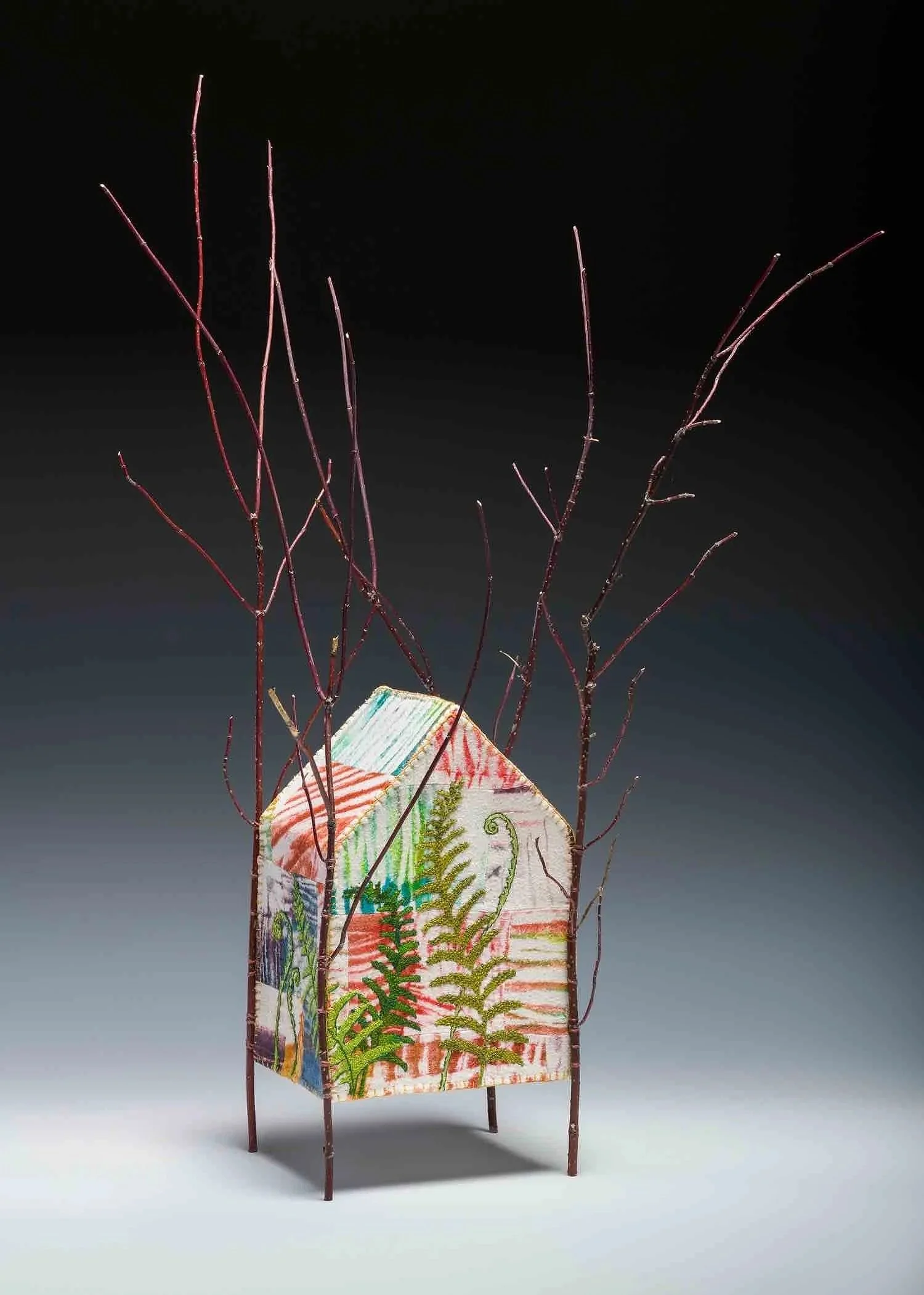 CULTIVATING AN OASIS (rear view)・Wrapped-resist dye & embroidery on silk with foraged branches, 27x15x16in., 2020