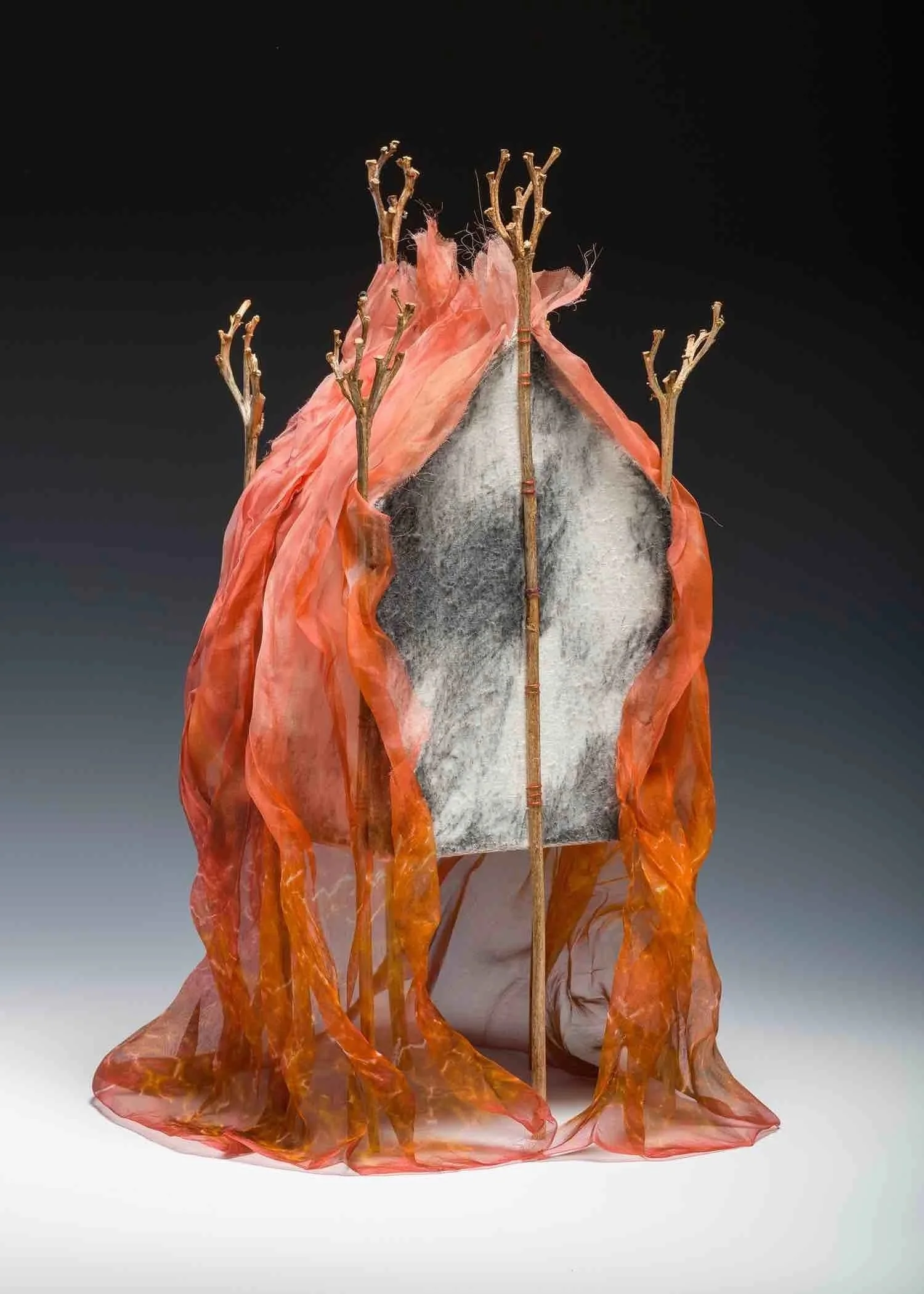 FIRESTORM ・Stitched-resist dye and charcoal on silk with daylily stalks, 17x12x10in., 2020