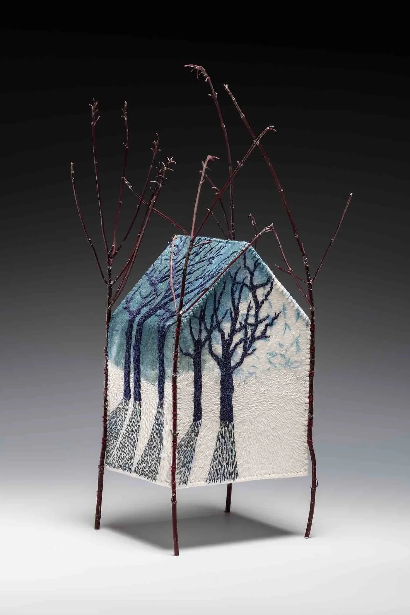 SNOW MOON ・Stitched-resist dye & embroidery on silk with foraged branches, 18.5x9x7.5in., 2021