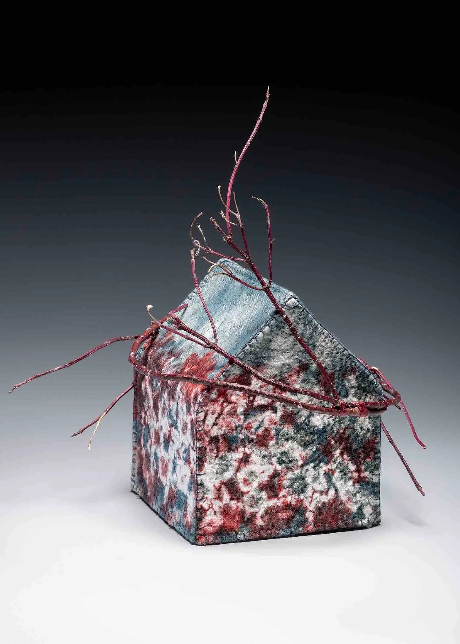 SWIRL OF FIRE ・Stitched-resist dye on silk with foraged branches, 10x8x6in., 2020