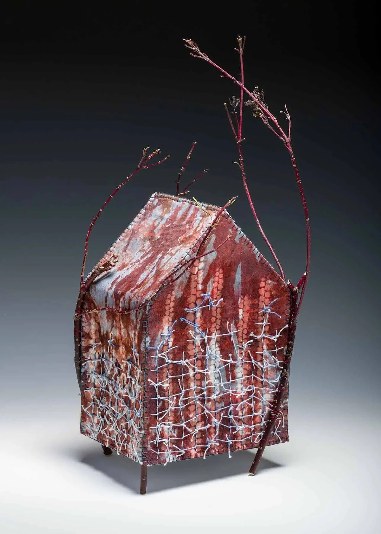 UNTIL THE BITTERNESS PASSES ・Stitched-resist dye on silk with stitching/knotting & foraged branches, 16.5x7.5x8in., 2020