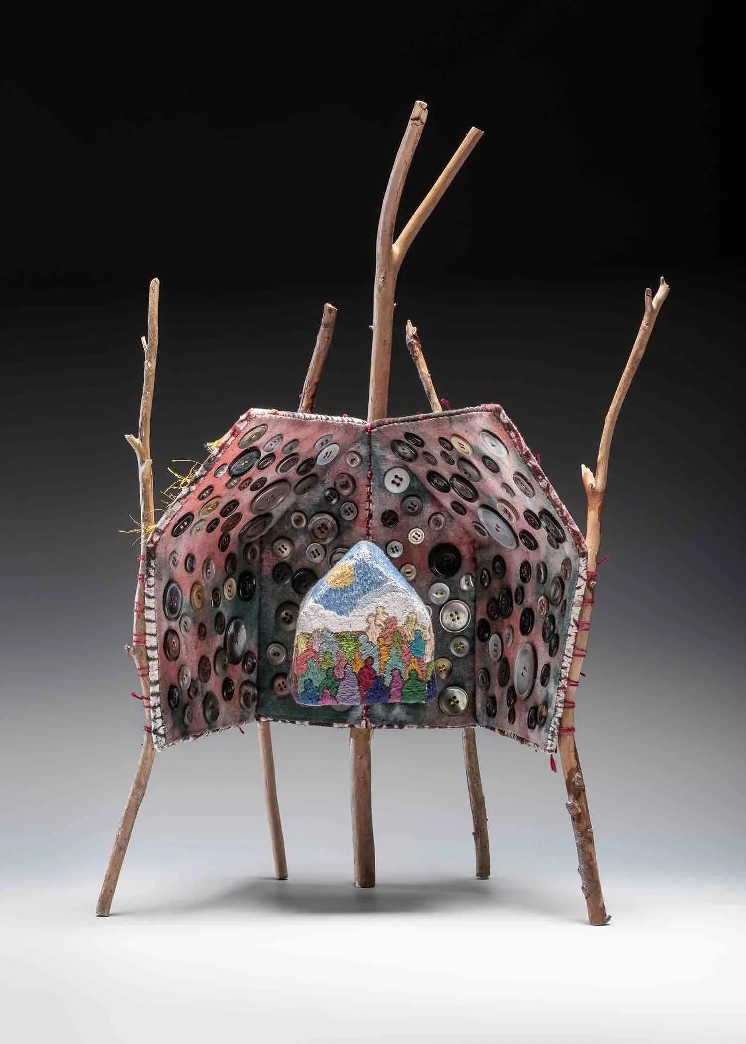 WHEN WE EMERGE ・Stitched-resist dye & embroidery on silk with buttons and foraged branches, 21x12x10in., 2021