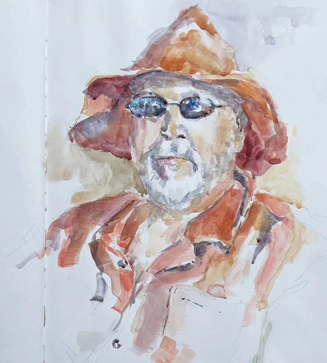 Watercolor painting of an older man wearing glasses, a wide-brimmed hat, and a scarf.