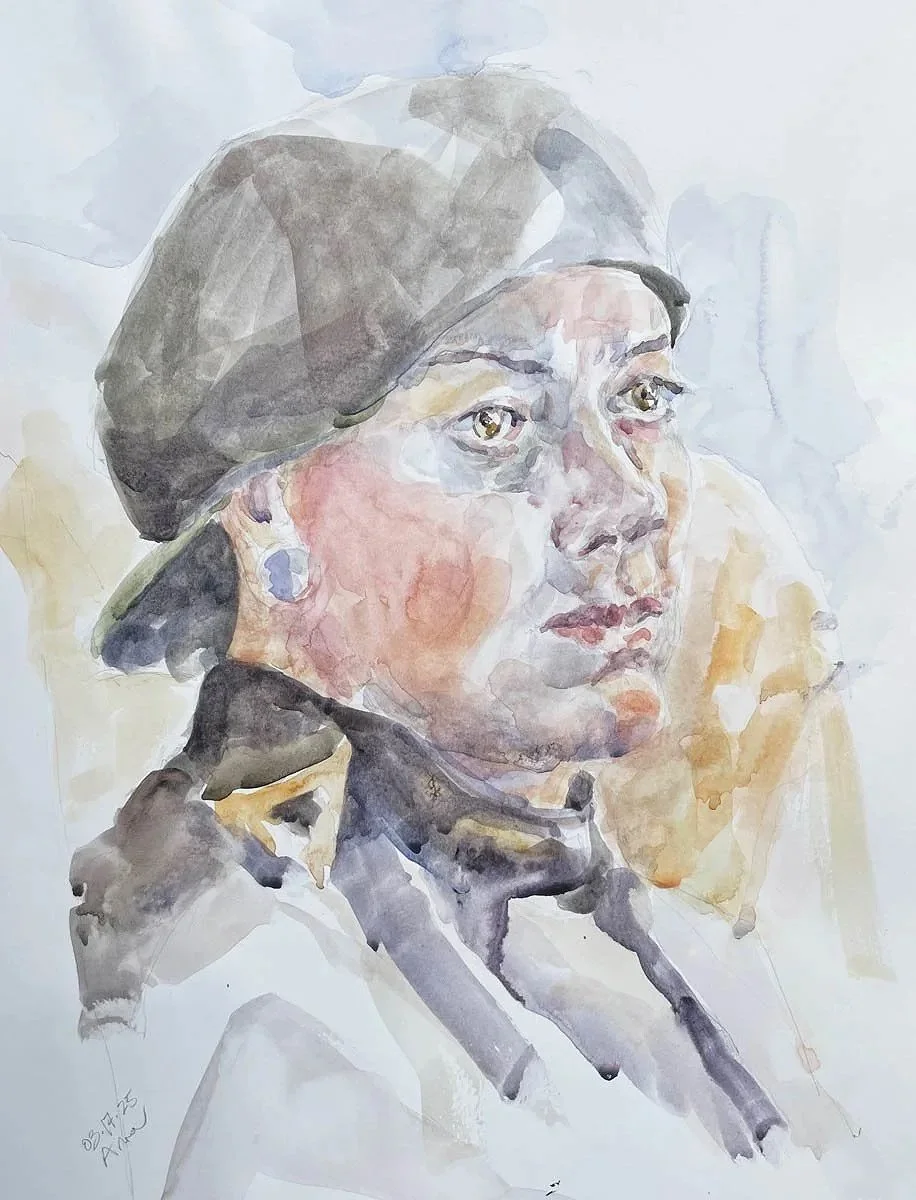Watercolor painting of a woman with a headscarf, gazing thoughtfully into the distance.