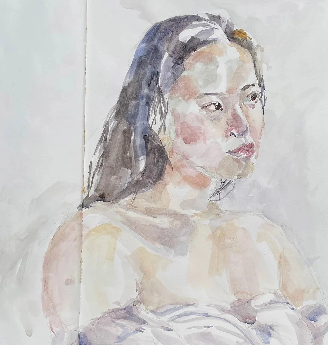 A watercolor portrait of a woman with dark hair, looking to her right, with a neutral background.