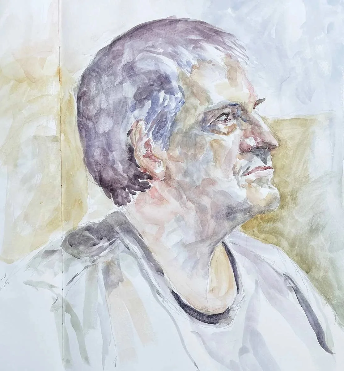 Watercolor painting of an elderly man with gray hair and a mustache, shown in profile, looking to the right.