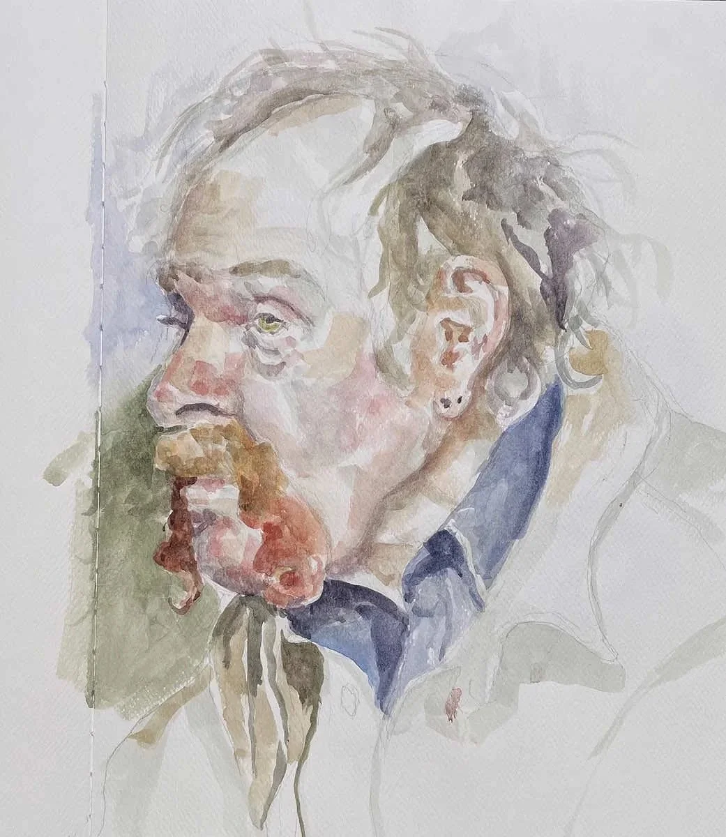 Watercolor painting of a woman's side profile with messy hair, wearing a dark shirt, and earrings, with a contemplative expression.