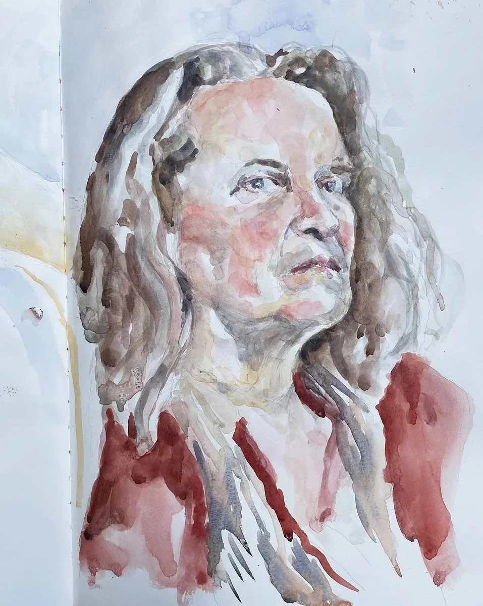 Watercolor painting of a woman with long wavy hair and a serious expression, wearing a red top.