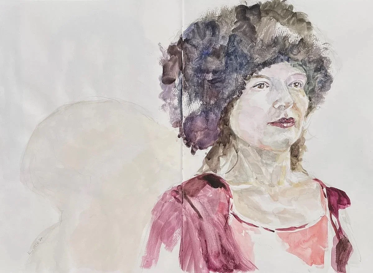 A watercolor portrait of a woman with curly hair wearing a red and pink top, with a faint shadow shape in the background.