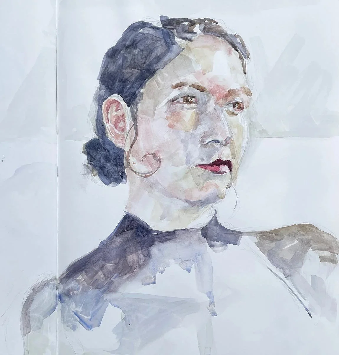 Watercolor portrait of a woman with dark hair, hoop earrings, and dark lipstick, looking slightly to the side.