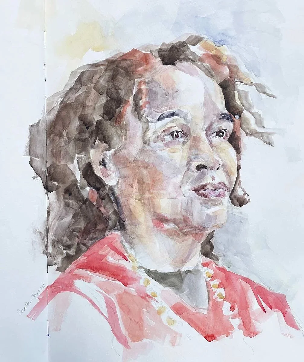 Watercolor painting of a woman with curly hair wearing a red garment and gold jewelry.