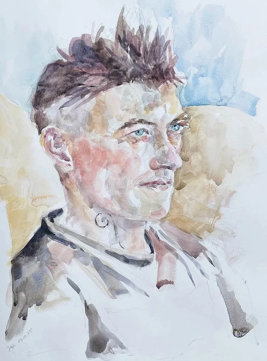 Watercolor painting of a young woman with short dark hair and blue eyes, wearing a black top with a white collar, against a light background.