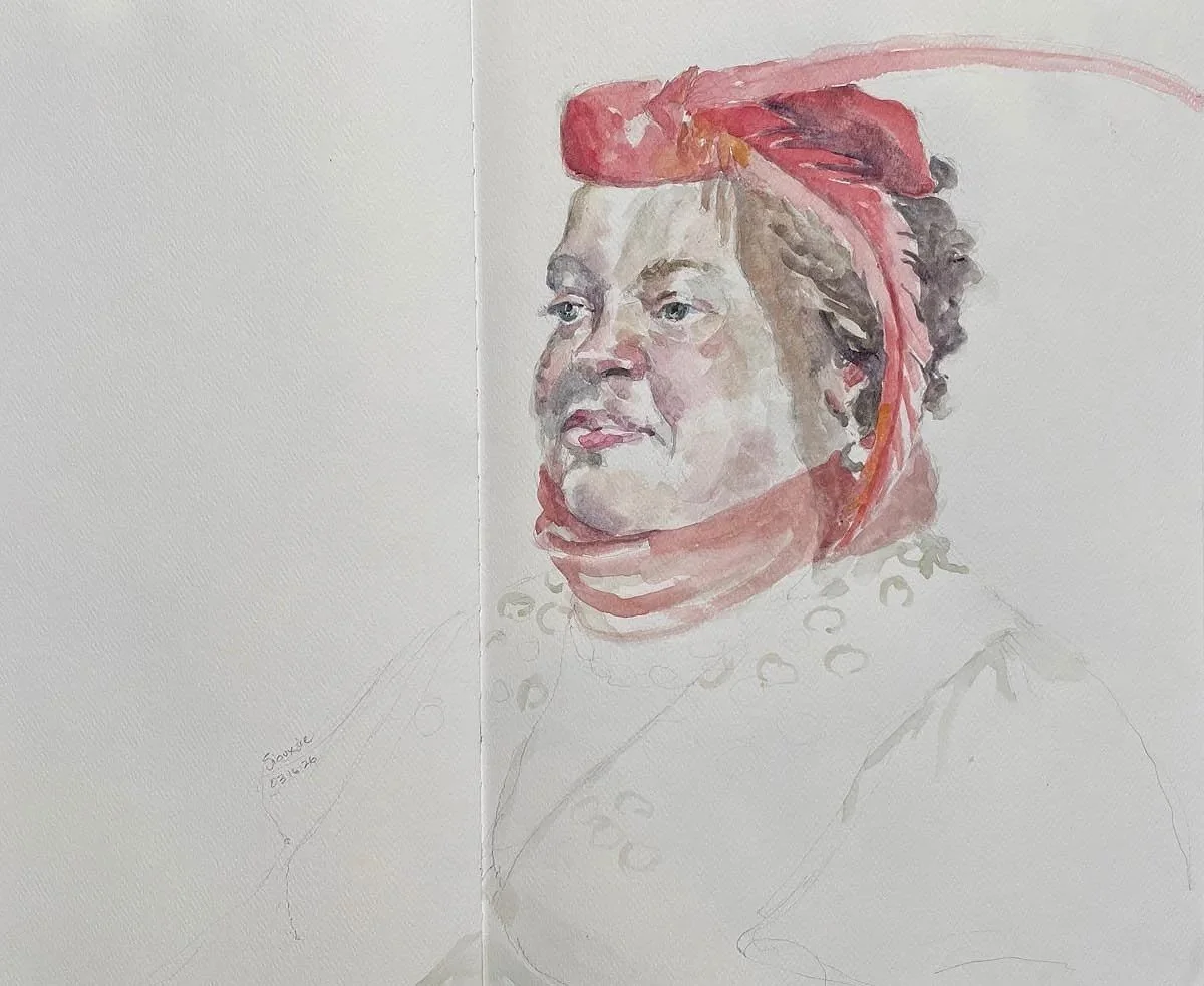 A watercolor portrait of an older woman wearing a red headscarf and a pearl necklace.