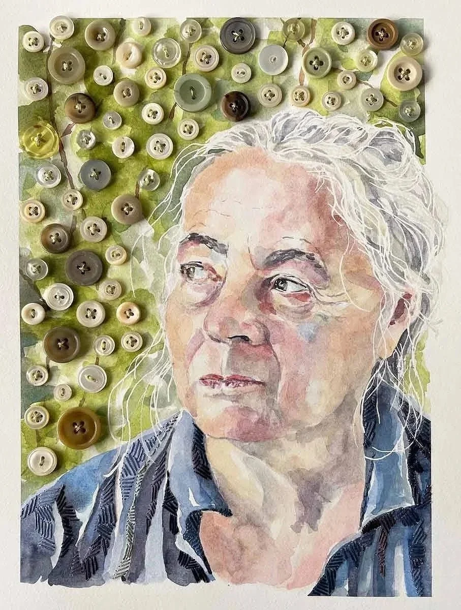 THE ALCHEMIST ・Watercolor, buttons & stitching on paper, 11.5x8.5in., 2023