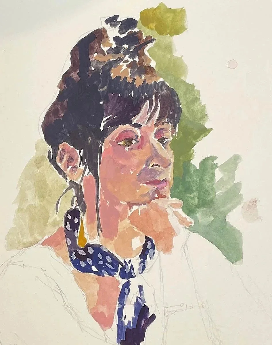 A watercolor painting of a woman with short dark hair, wearing a polka-dot scarf, with her hand resting on her chin and looking thoughtful, painted in soft, warm tones with a blurred green background.
