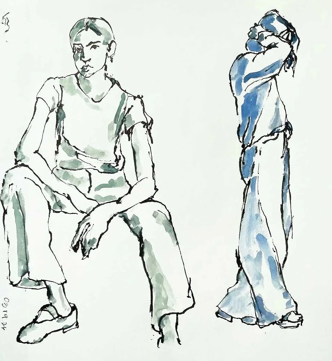 A watercolor sketch of two women, one sitting and one standing, both wearing casual clothing with loose-fitting pants and t-shirts.