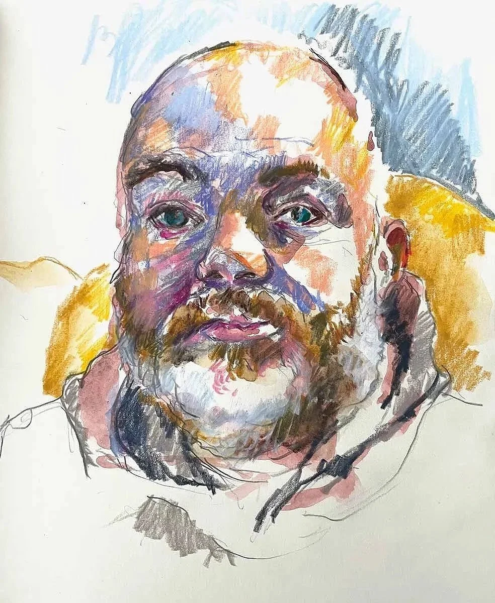 A watercolor portrait of a man with a bald head, blue eyes, and a beard, using soft pastel colors and loose brushstrokes.
