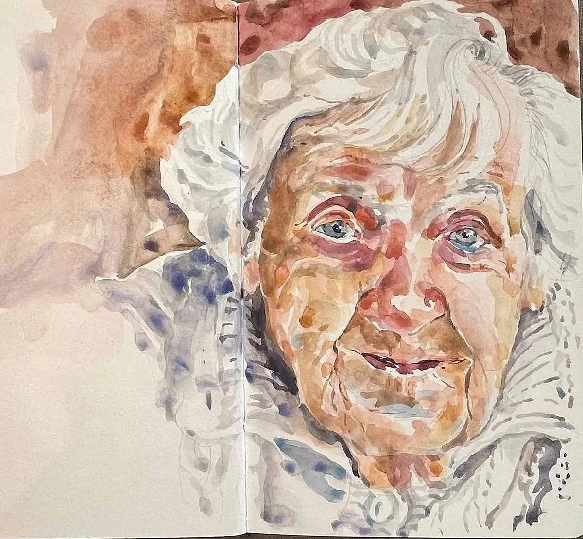 Watercolor portrait of an elderly woman with gray hair, blue eyes, and a gentle smile, with a softer focus on her left side and a lightly colored background.