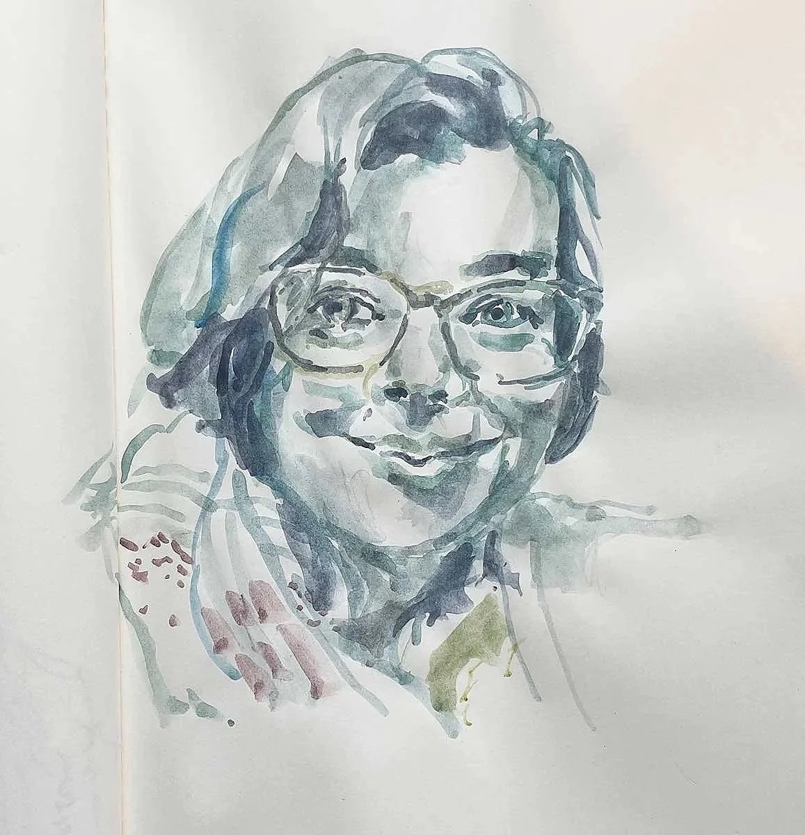 Watercolor portrait of a woman with glasses and dark hair, smiling.