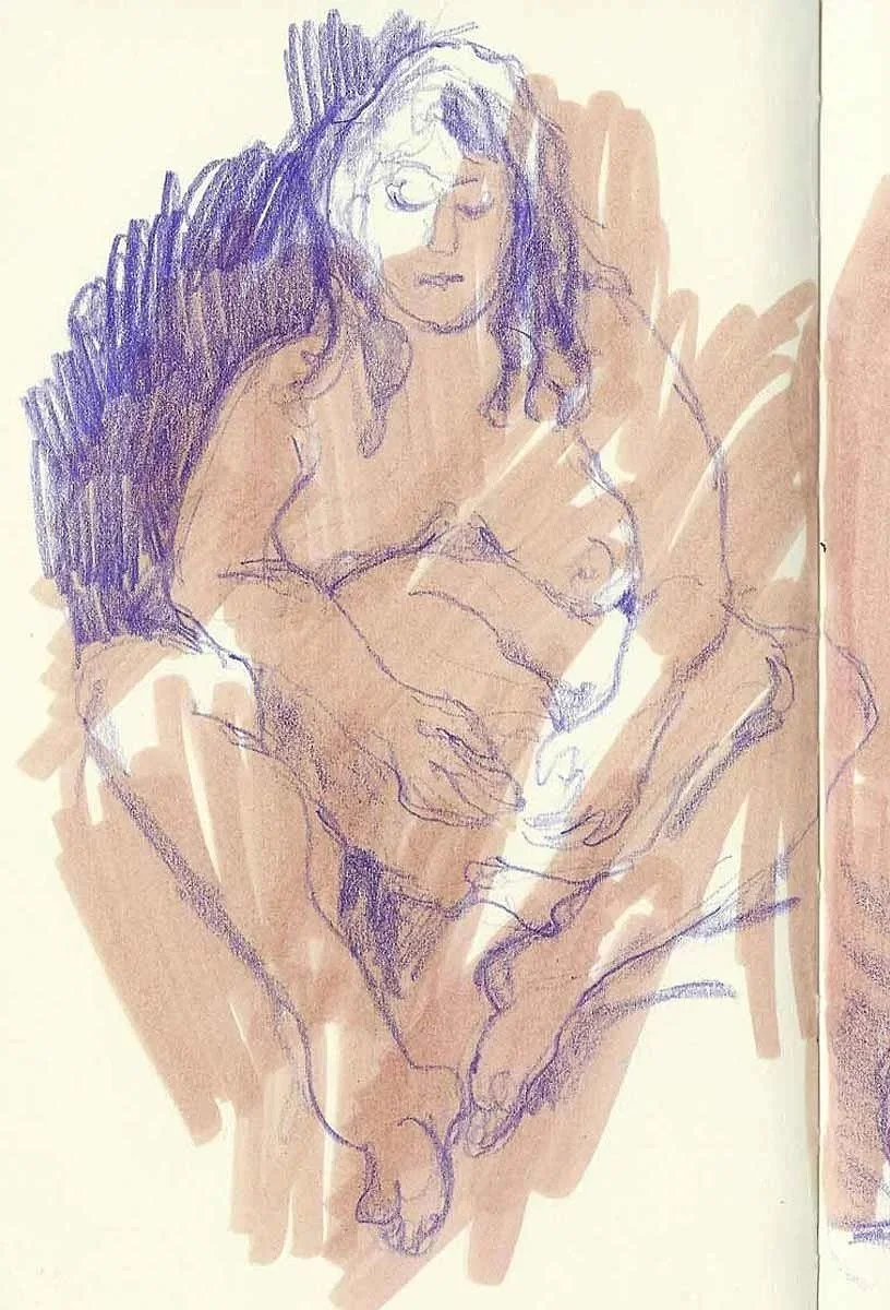 A nude figure sketch of a woman, sitting, with long hair, in a relaxed pose.