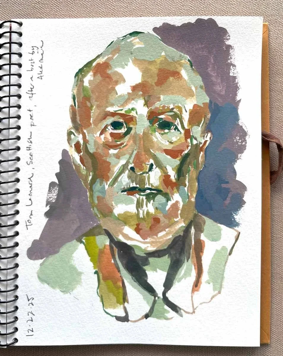 Watercolor painting of an elderly man, short hair, and a serious expression, wearing a collared shirt, with a shadowed background.