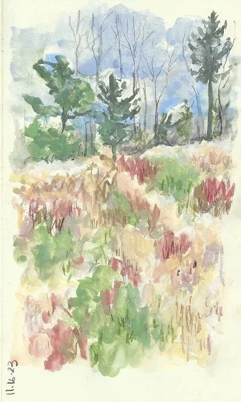Watercolor painting of a landscape featuring trees and wildflowers, with a mountain or hill in the background.