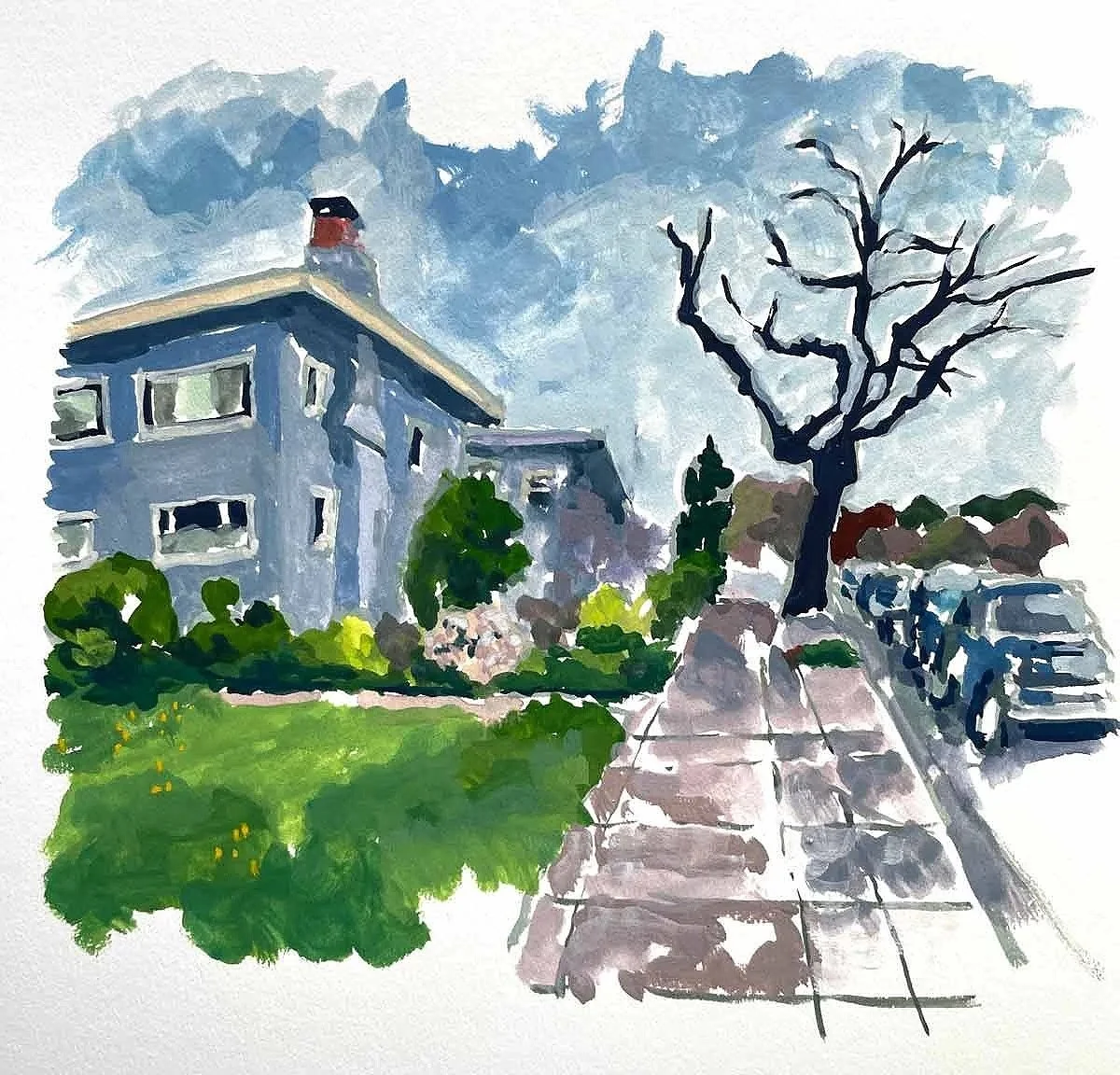 Watercolor painting of a neighborhood scene with a sidewalk, leafless tree, parked cars, a blue house, and green bushes, under a cloudy sky.
