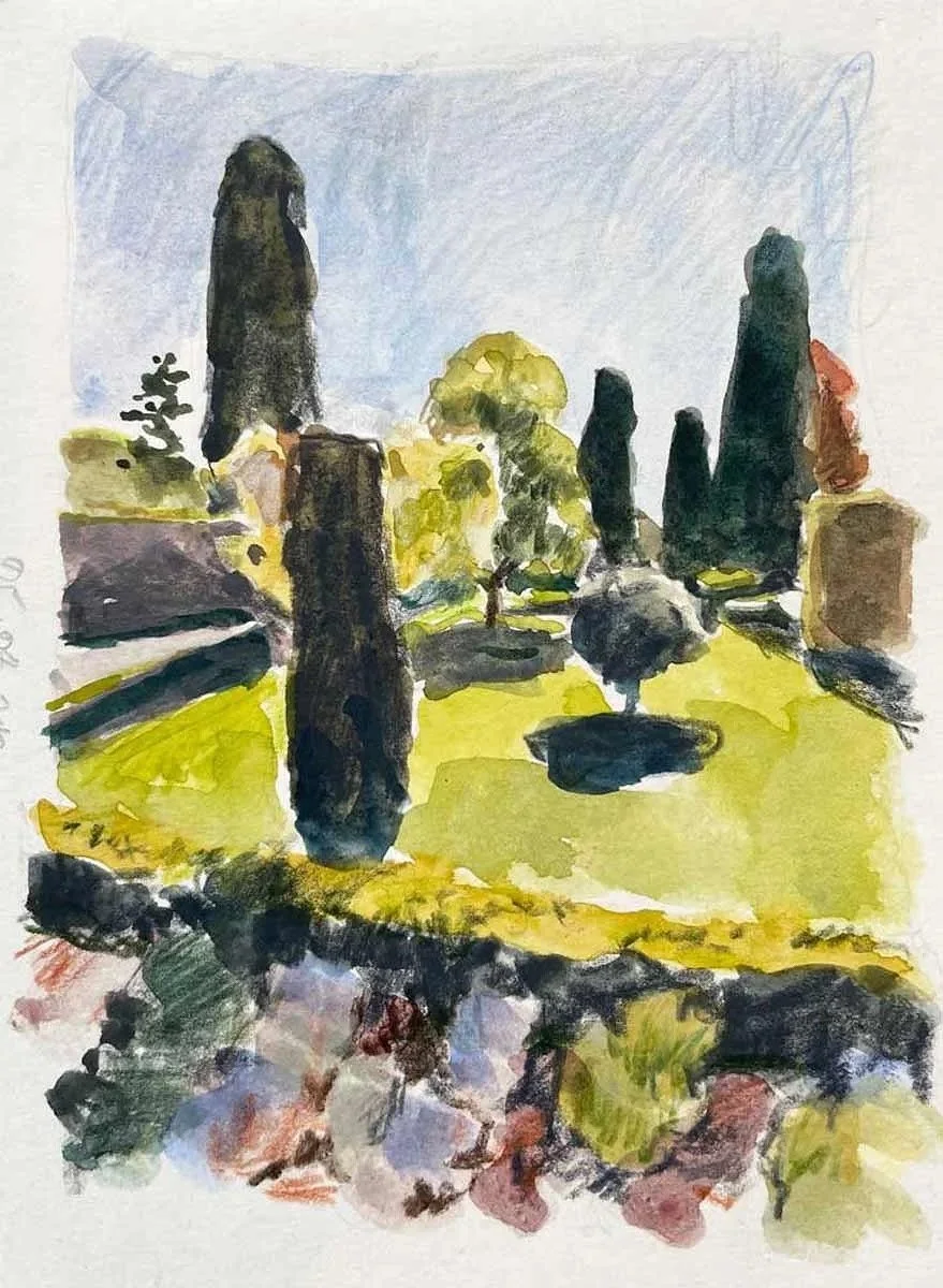 Watercolor painting of a landscaped garden with tall cypress trees, a small tree, and a patch of grass, with a pathway and rocks in the foreground.