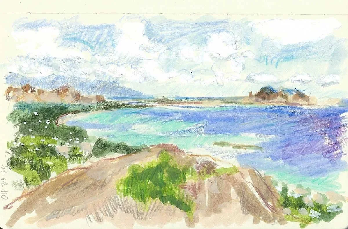 A colorful watercolor landscape of a beach scene with blue sky, white clouds, green and brown foliage, and a blue ocean.